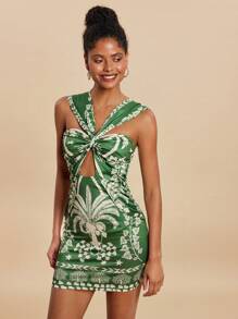 Travachic Damen Cut Out Volldruck Schlank Passend Urlaubs Lässig Mini Kleid