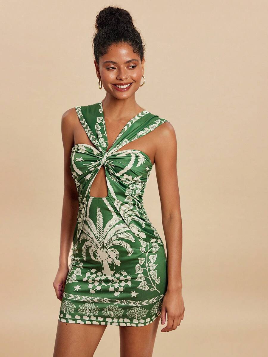 Travachic Damen Cut Out Volldruck Schlank Passend Urlaubs Lässig Mini Kleid