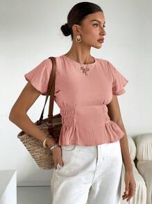 SHEIN Frenchy Blusa elegante de manga corta con ruedo con volantes de unicolor para mujer, verano - Rosa - Ver 5