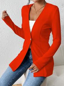 Chiquease Blazer informal de mujer sin forro, sin cuello, de manga larga y delgado - Naranja Quemada - Ver 5