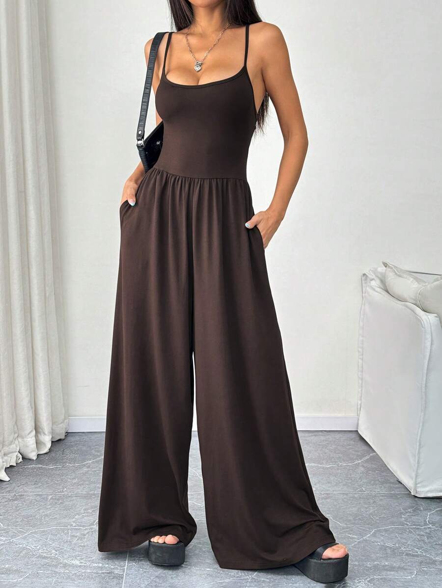 Flirla 性感细肩带阔腿连体裤 - 咖啡棕 - 查看 1