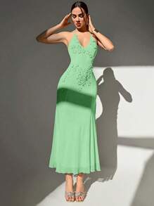 Aloruh 定制 3D 花卉领结修身网眼连衣裙，深 V 领和高开衩，适合婚礼季节