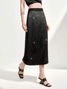 SHEIN LUNE Women's Black Long Woven Fabric Skirt With Rhinestone Embellishments Fall Cloth For Women - Black - View 6