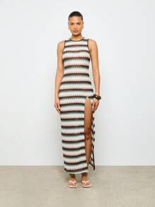 AiiRZ Rochie maxi în dungi chevron cu gât înalt, cu fantă laterală Summer Beach Resort, fără mâneci, lungime la podea, tricotată, rochie de seară de vacanță - Multicolor - Vizualizare 4