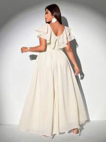 Viva Relle Plus Size Women Elegant Romantic Lace Up Deep V-Neck Ruffle Sleeve A-Line Chiffon Dress - Apricot - View 2