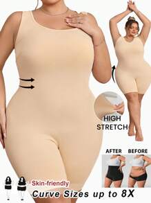 SHEIN CURVE+ Plus Size Women Seamless Shapewear With Bust And Hip Lift - Abdominal, Waist And Thigh Shaper Jumpsuit, Curve Plus, Boho Vacation Beach Outfits For Woman/Beach Dress/Beach Vacation Outfits/Beach Essentials / Graduation/Tea Party Dress - Apricot - View 9