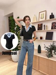 Pariaura Body de manga corta con cuello para mujer en color negro, para primavera