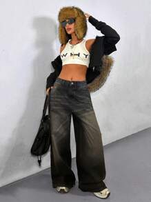 EURMUSE 低腰 Y2K 休闲宽松牛仔裤，夏季时尚 - 黑色 - 查看 6