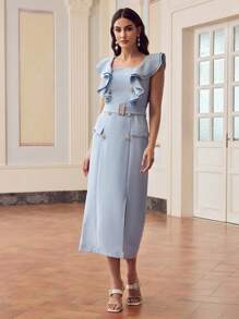 ZEYLAH Ruffle Trim Belted Slit Dress