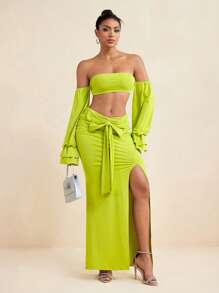 LUNA B Solid Color Strapless Long Sleeves Bandeau Crop Top For Women Outfit Summer Vacation Holiday