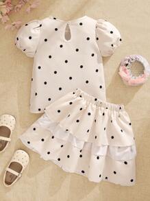 SHEIN Young Girl Sweet & Cute Polka Dot Print Puff Sleeve Top And Double Layer Cake Skirt Full Outfit, Summer, Suitable For Parties - Apricot - View 2
