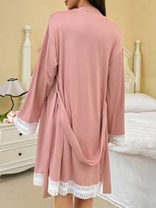 Moonlight&Mama 两件套孕妇睡衣：休闲条纹印花吊带连衣裙和长袖花卉蕾丝边睡袍，秋冬服装 - 粉色 - 查看 4