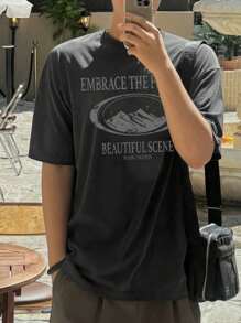 DAZY 字母印花T恤，时尚夏日穿搭 - 灰色 - 查看 1