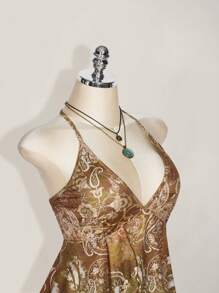 SHEIN ICON Taglie forti, Donna, Primavera ed Estate, Uscire, Vacanza, Casual, Retrò, Stampato, Senza schienale, Halter, Scollo a V, Stile occidentale, Boho, Spiaggia, Hippie, Top a palloncino