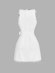 SHEIN MOD Abito mini aderente senza maniche con colletto a girocollo e fiocco, vestito primaverile/estivo da donna, elegante, casual, bohémien, outfit per concerti country, outfit per rave e festival, vestito bianco con paillettes, vestito con fiocco, outfit per compleanni da donna, outfit da festival, stile vecchio denaro