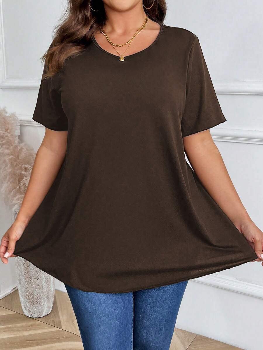 EMERY ROSE 大码女式纯色圆领短袖休闲宽松 T 恤 - 棕色 - 查看 1
