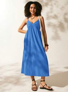 Easelle 蓝色编织度假风细肩带连衣裙 - 寶藍色 - 查看 3