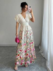 Lyxana Women's V-Neck Batwing Short Sleeve Mesh Embroidered Dress - Apricot - View 6