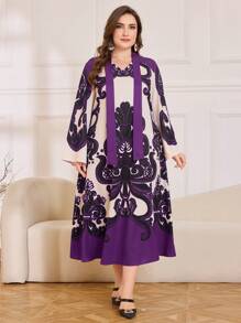 Lacomfia Plus Size Graphic Printed A-Line Elegant Dress - Purple - View 6