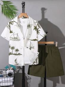 2pcs/Set Tween Boy Casual Palm Tree Print Polo Shirt & Green Shorts Set, Suitable For Commute, School, Daily Casual, Sports, Spring & Summer - Green - View 1