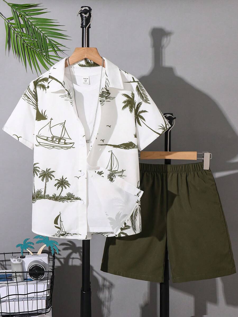 2pcs/Set Tween Boy Casual Palm Tree Print Polo Shirt & Green Shorts Set, Suitable For Commute, School, Daily Casual, Sports, Spring & Summer - Green - View 1