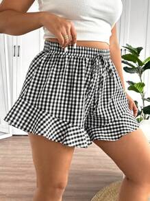 SHEIN Frenchy Plus Size Casual Check Print Ruffle Hem Shorts, Summer - Black - View 8