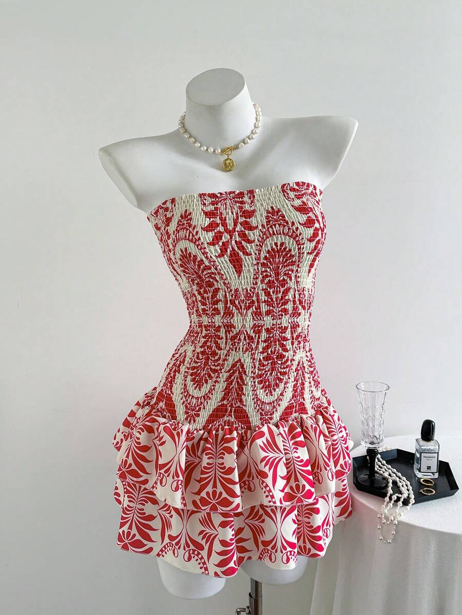 Elamini Summer Casual Fully Allover Print Ruffle Hem Bandeau Mini Dress - Multicolor - View 1
