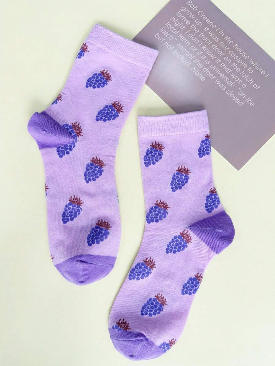 Gibran Gomes 1 Pair Women Grape Pattern Mid-Calf Socks, Summer - Purple - View 1