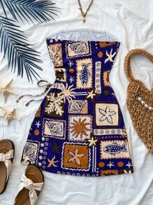 SHEIN Teen Girls' Tropical Island Elements Coconut Tree Waist Drawstring Hollow Out Snug Fit Halter Dress, Holiday, Casual/Vacation