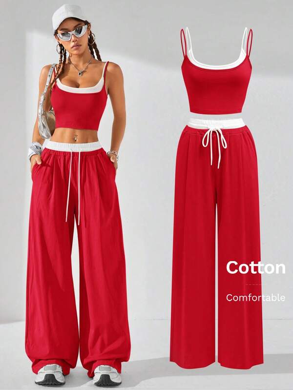 Coolane Women's  Summer Casual Sport Knit Two Fake Pieces  Tank Tops & Sweatpants  Going Out Sets,2pcs,Back To School Clothes