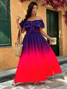 Breezaya 渐变色松紧腰部不对称下摆宽松大码女式大码连衣裙，优雅