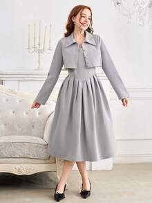 Teen Girls (Girl) 2Pcs Set: Elegant Vintage Woven Pleated Midi Dress & Retro Lapel Short Sleeve Jacket, Autumn/Winter - Grey - View 1