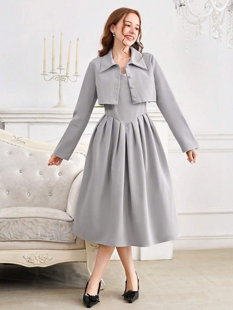 Teen Girls (Girl) 2Pcs Set: Elegant Vintage Woven Pleated Midi Dress & Retro Lapel Short Sleeve Jacket, Autumn/Winter - Grey - View 1