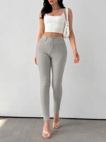 EURMUSE Women's Slim Fit Solid Color Cotton Casual Ankle Length Jeans - Grey - View 5