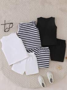 SHEIN Playful Pals 6 件套男婴夏季服装套装，3 种颜色（黑色、白色、条纹）背心和短裤，舒适休闲日常穿着，百搭可爱，适合所有场合 - 彩色 - 查看 2