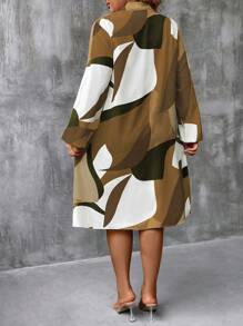 Plus Size Casual Contrast Color Print Lantern Sleeve Dress - Coffee Brown - View 2