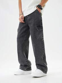 SHEIN Mirajuku Teen Boy Outdoor Casual Washed Cargo Jeans, School, Campus, College Chic Outfits For Autumn/Winter - Dark Grey - View 5