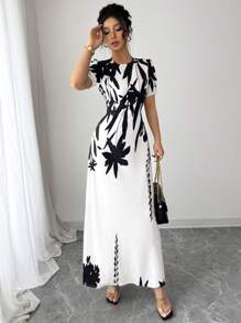 Elenzga 优雅印花圆领泡泡袖束腰连衣裙 - 白色 - 查看 6