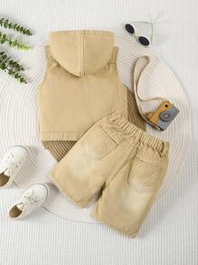 2 Pieces Boys Denim Outfit - And Stylish Casual Vest And Shorts Set - Khaki - View 2