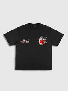 ROMWE MEN Street Life Men Summer Street Style Cool & Stylish, Mesh Fabric Shorts, Flame Print Short Sleeve T-Shirt, Retro Red Star Elements - Black - View 3