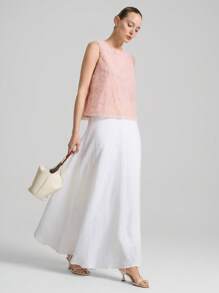 Ontre 2026SS Nueva Blusa sin mangas para mujer, de tela texturizada de color rosa sólido, adecuada para el verano, moda minimalista para la ciudad, el trayecto, las vacaciones, las islas y los festivales de música. Chaleco de mujer de cuello redondo con malla floral, diseño de moda, uso versátil para el día a día - Rosa - Ver 2