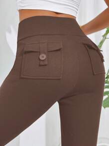 SHEIN Essnce Quần legging cạp rộng màu trơn có túi gấp dài 3/4 cho nữ - Màu nâu  Mocha - Xem 5