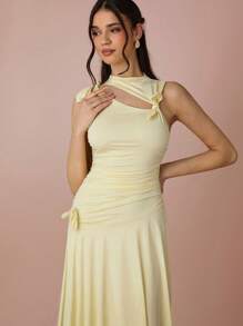 Enchnt 春夏浪漫女士奶油黄可爱蝴蝶结装饰镂空不对称下摆无袖长裙，甜美优雅，适合度假、约会、节日、派对、毕业典礼和婚礼宾客，舞会礼服，音乐会节日服装女士，复活节礼服女士，女士夏装，女士太阳裙，夏装 - 黃色 - 查看 2