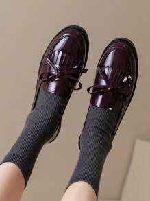 ROMWE Kawaii Bow Decor Fringe Trim Flat Loafers BURGUNDY Flats New Year Holiday Valentines Spring Shoes For Christmas