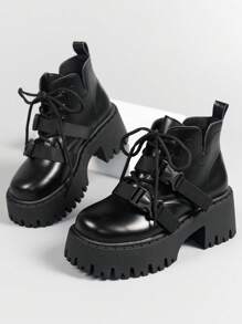 ROMWE Goth 女士系带厚底牛津鞋，朋克户外时尚靴子，适合圣诞节和新年假期 - 黑色 - 查看 2
