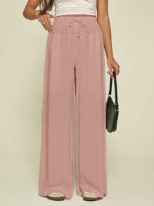 SHEIN Tall Women Spring/Summer Casual Solid Color Drawstring Wide Leg Pants - Pink - View 4