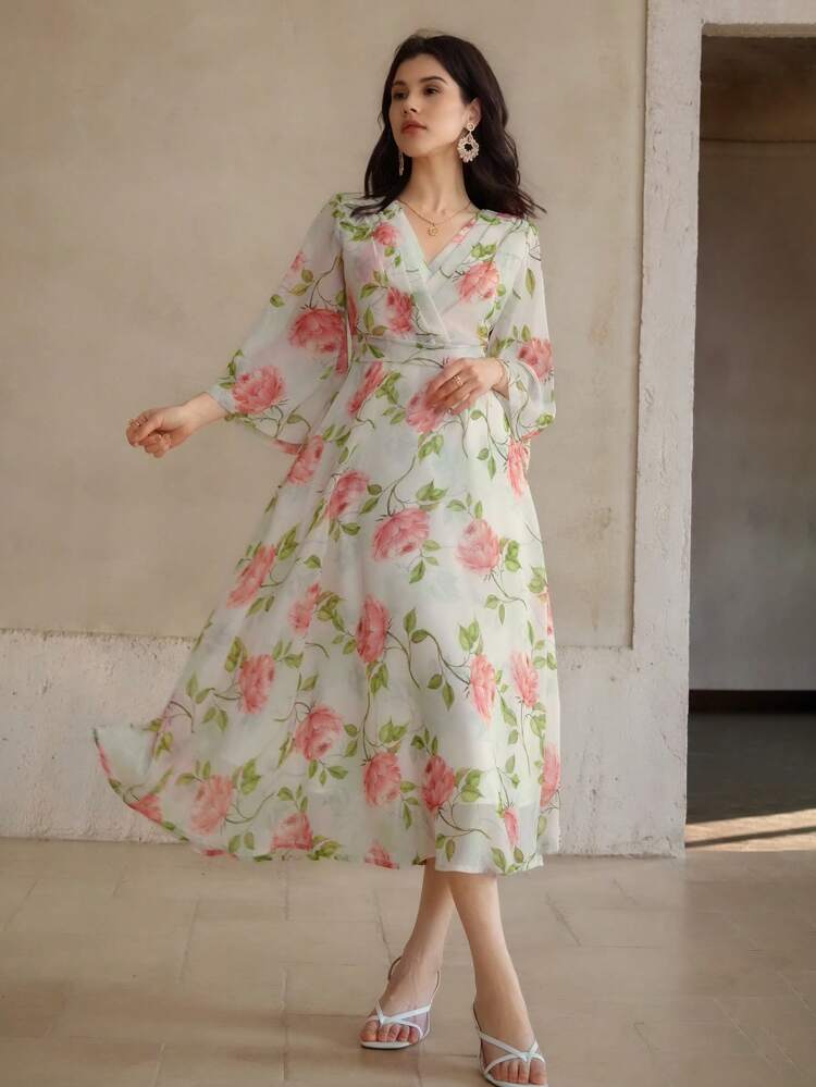 Women's Floral V-Neck 3/4 Sleeve Elegant Mid-Length Dress Boho