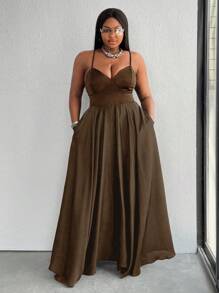 Maweii Plus Size Fashionable Splicing Backless Sleeveless Dress, Summer - Brown - View 5