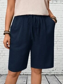 EMERY ROSE Plus Size Summer Casual Solid Color Oblique Pocket Drawstring Waist Shorts - Navy Blue - View 4