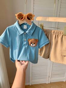 SHEIN 2 件套男婴舒适休闲可爱学院风熊刺绣 Polo 衫和短裤套装，适合室内、户外、日常、运动、派对、摄影、度假、节日、春夏季 - 藍色 - 查看 5